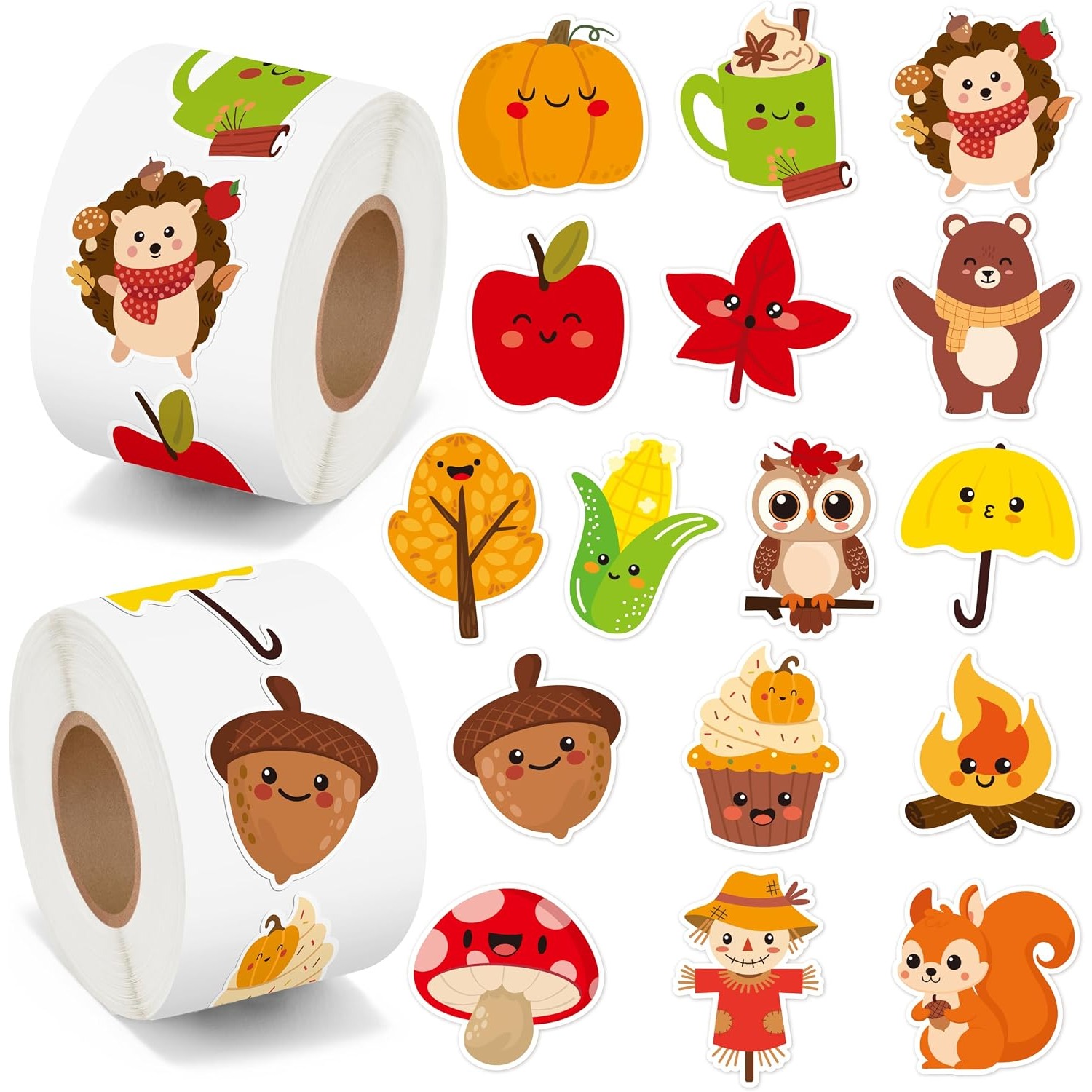 Image of Cute Fall Sticker Roll - 510pcs Fall Stickers In 2 Rolls For Thanksgiving Autumn Waterproof Maple Leaf Pumpkin Harvest Decal Gift Party Favor Laptop Bottle Envelopes Decor