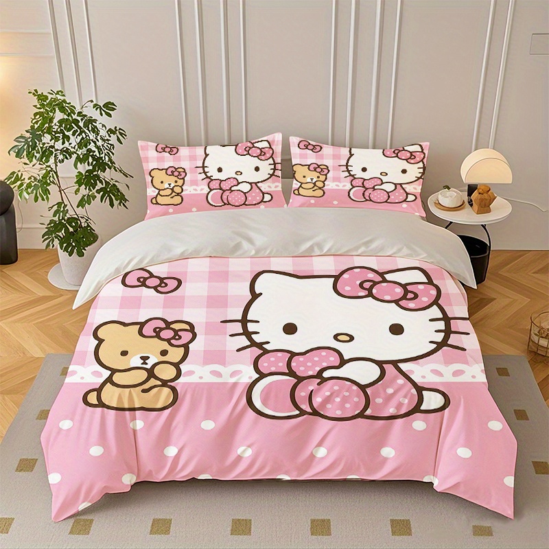 E-shop 2/3-teiliges Bettwäsche-Set mit rosa Hintergrund, Cartoon-Plüsch, niedliches Druckmuster, Bettbezug-Set, Bettbezug-Set enthält Bettbezug und