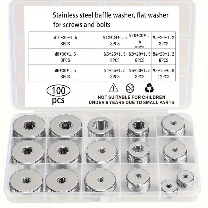 Stainless Steel Washers, Flat Washers For Screws And Bolts, 100pcs Metal Washer Kit In 12 Sizes M3-m12, Suitable For , Medium, And Large Hardware Washers In Home And Industrial Use