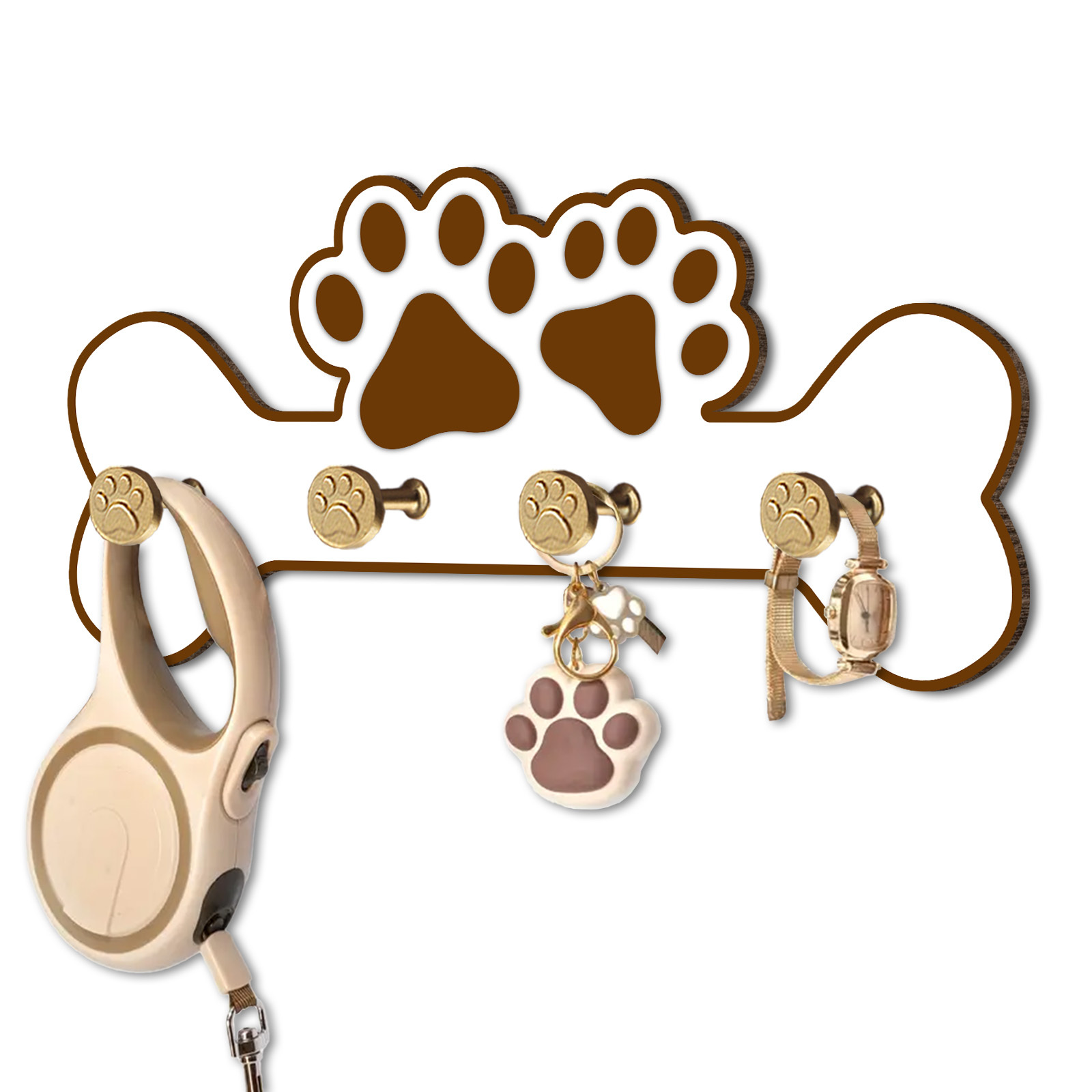 

1pc Wooden Dog Design Wall Hanger With 4 Hooks - Key & Leash Organizer, Perfect Gift For Pet Enthusiasts, , No Metal Tube Needed, Dog Accessories, Utility Racks