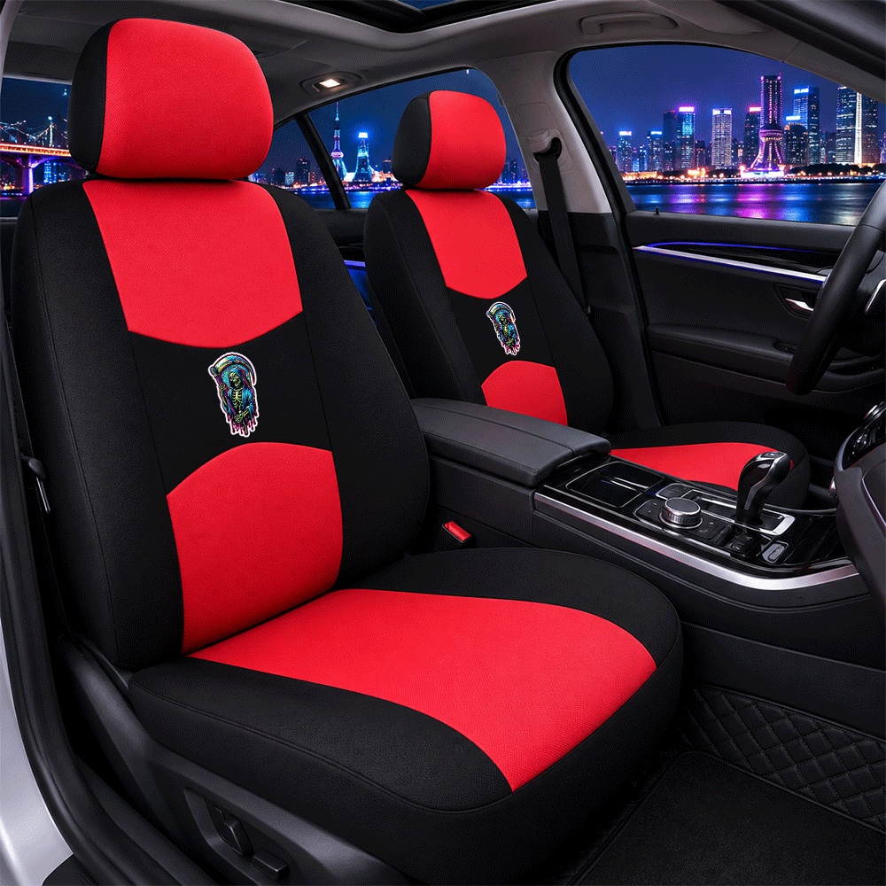 TEMU Car Seat Covers Front Seats Only Neon Reaper Skeleton Print For Daily Car Use Cool Gothic Style For Enthusiasts Universal Fit Automotive Seat