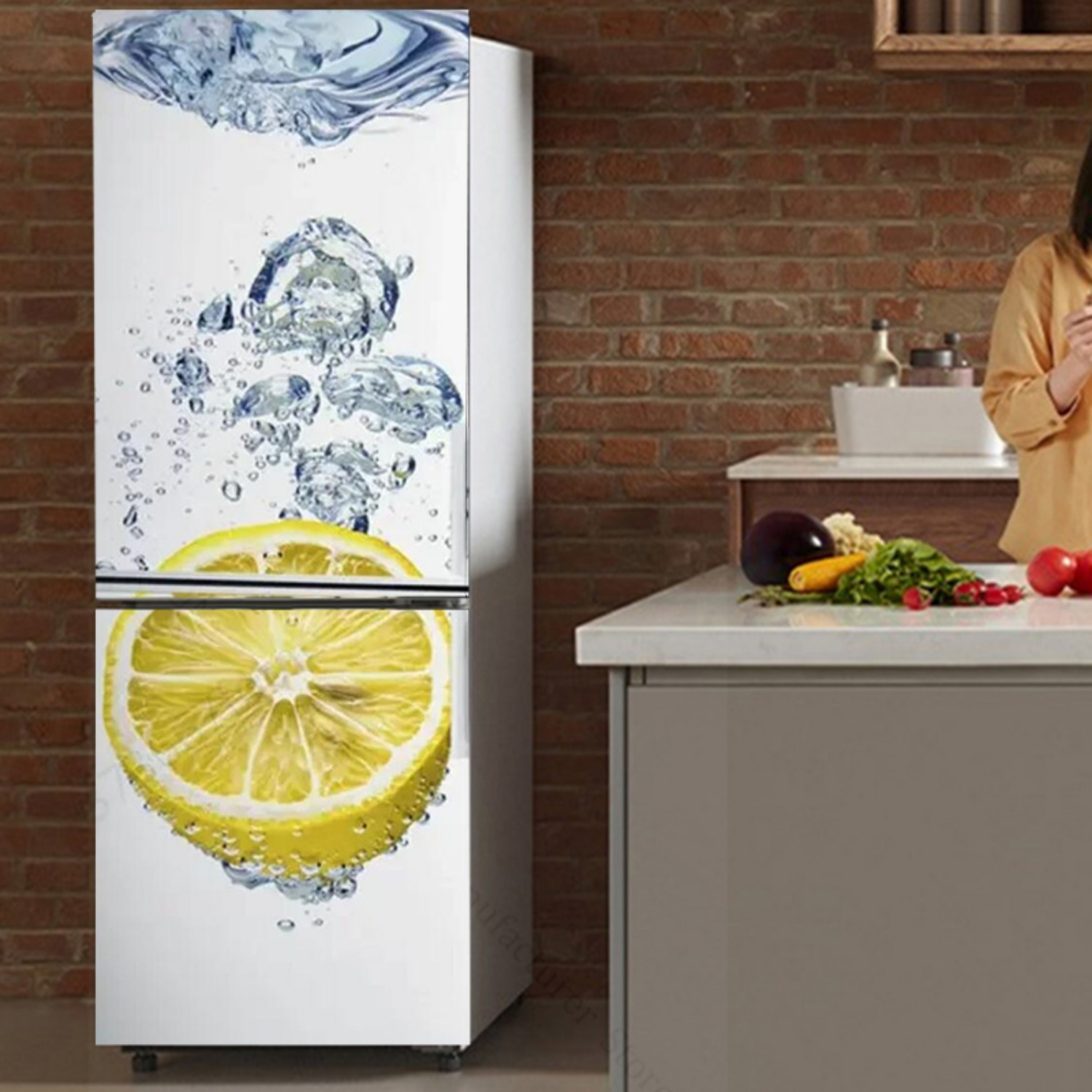 Lemon Water Design Self-Adhesive PVC Sticker For Fridge Door, Wine Cabinet, And Wardrobe - 3D Wallpaper Mural Decoration, Multiple Sizes Available,_voghion.com