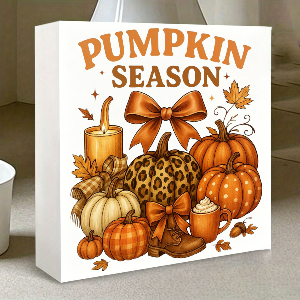 TEMU 1pc Pvc Tabletop Sign With Pumpkins, Candles Bow & Autumn Leaves - Suitable For Home Decor, Kitchen Decoration, Halloween Gift, Bow Accent For