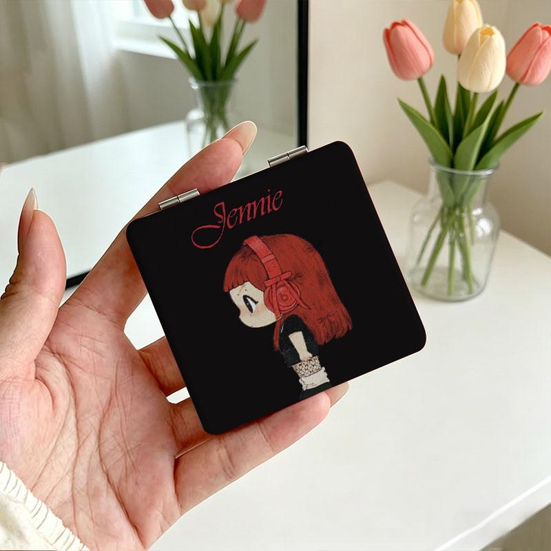 TEMU 1pc Compact Makeup Mirror, Square With Cartoon Girl "" Design, Ideal For Beauty And Personal Care, Perfect Gift For Music Lovers, , Moms,