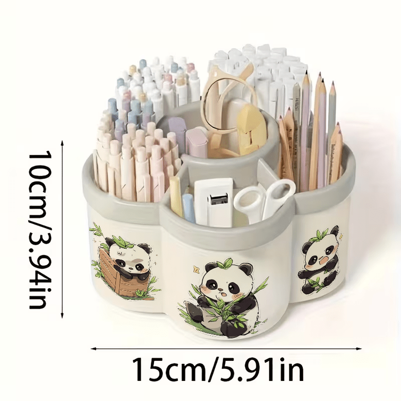 TEMU 2d Flat Printing 1pc Rotating Pen Holder And Cosmetic Storage Box | 3 Cute Panda Illustrations - 360Â° Rotating Convenient Desktop Storage Box |