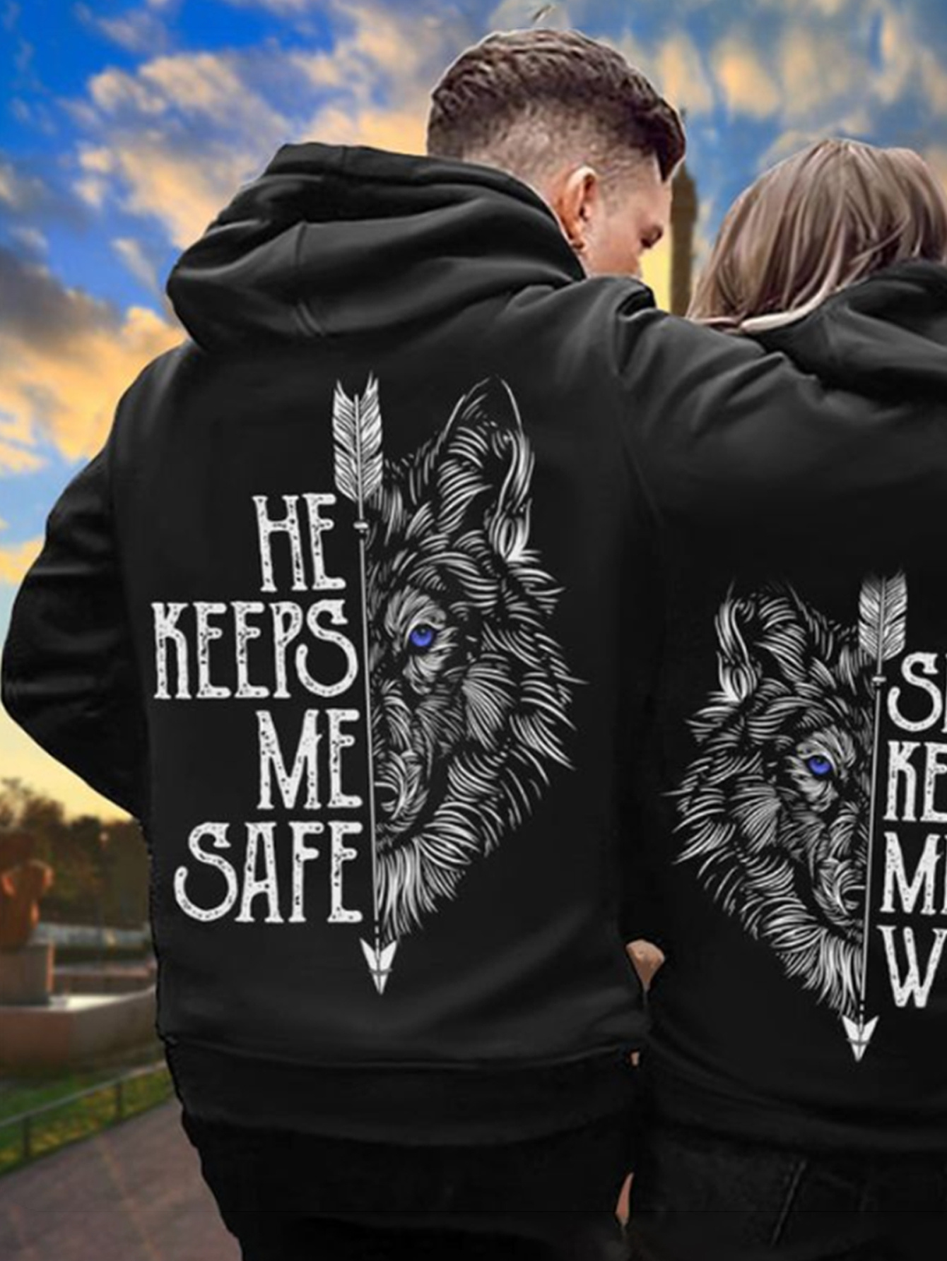 1pc Valentine's Day Matching Couple Hoodies &*;He Me Safe&*; &*;She  Me Wild&*; Wolf Print, Cozy 300* Long Sleeve with Kangaroo Pocket,