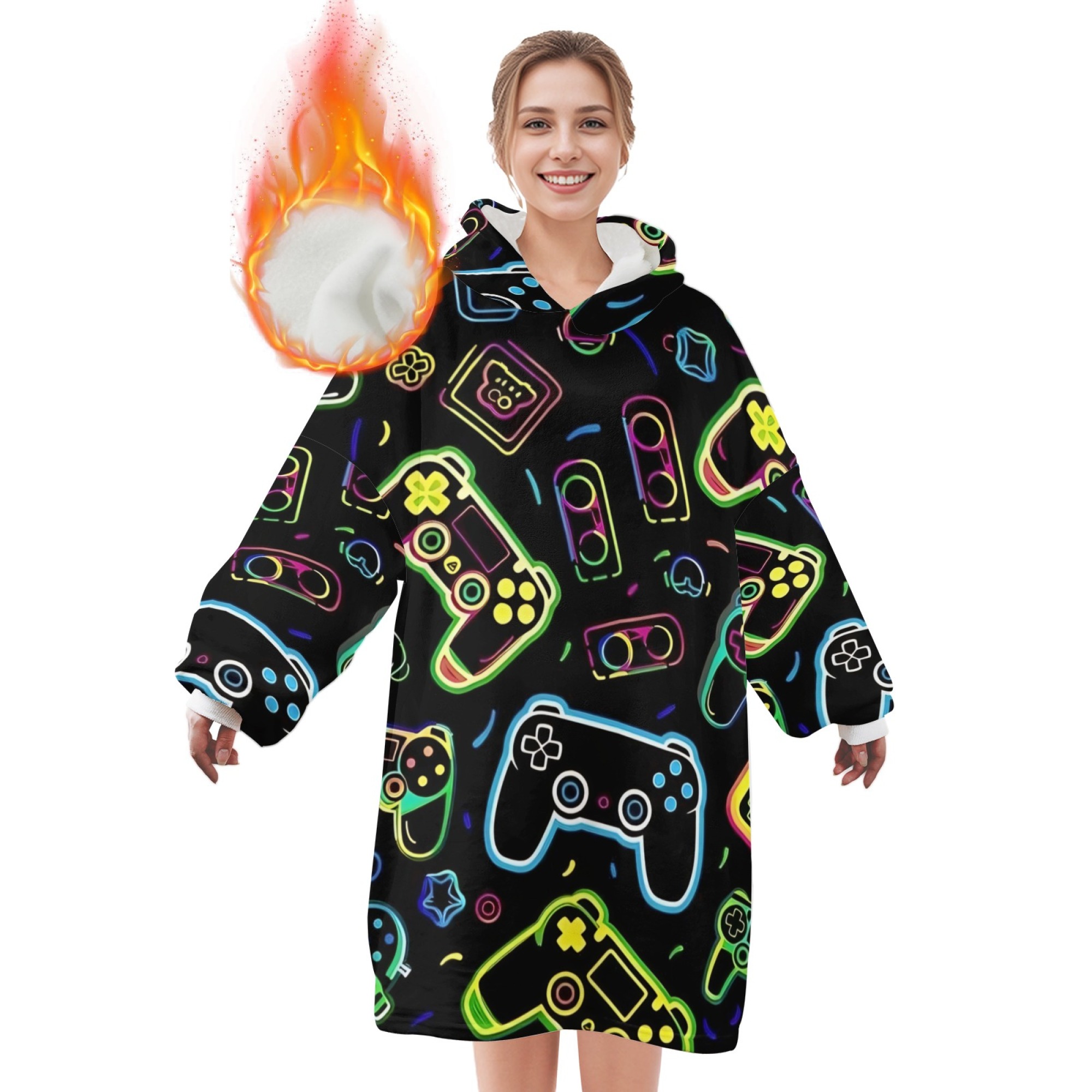 TEMU Printed Flannel Wearable Blanket Loose Thickened Warm Fabric Soft And Comfortable Men's And Women's Homewear Hoodie Pajamas Machine Washable