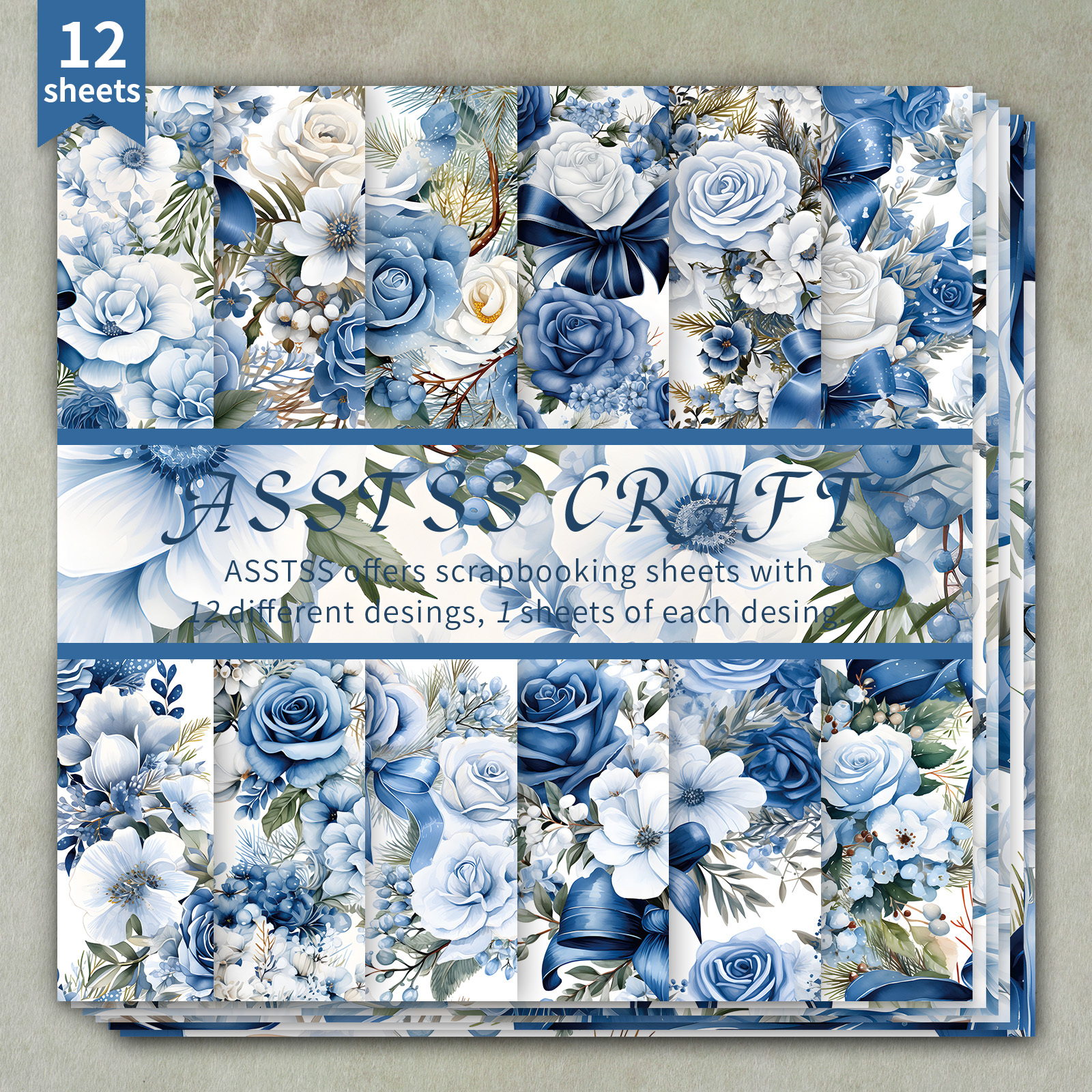 TEMU 12-sheet Asstss Scrapbooking Paper Pad, Featuring Watercolor Blue Floral Backing Paper Supplies, Heavyweight Cardstock Suitable For Journaling,
