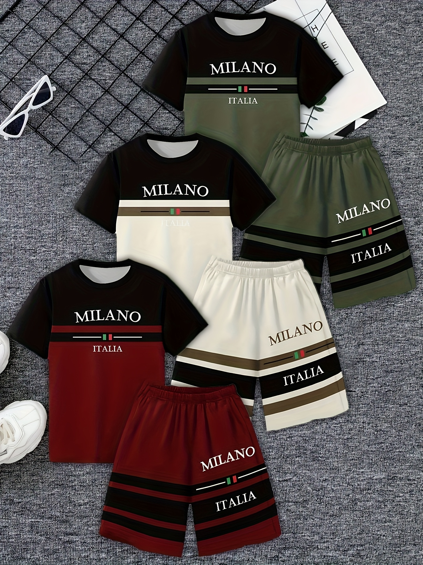 6pcs random 1pc color block with letter print boys fashion casual pullover short sleeve t shirt shorts set boys outdoor t shirt and shorts set outdoor casual sports suit   outdoor