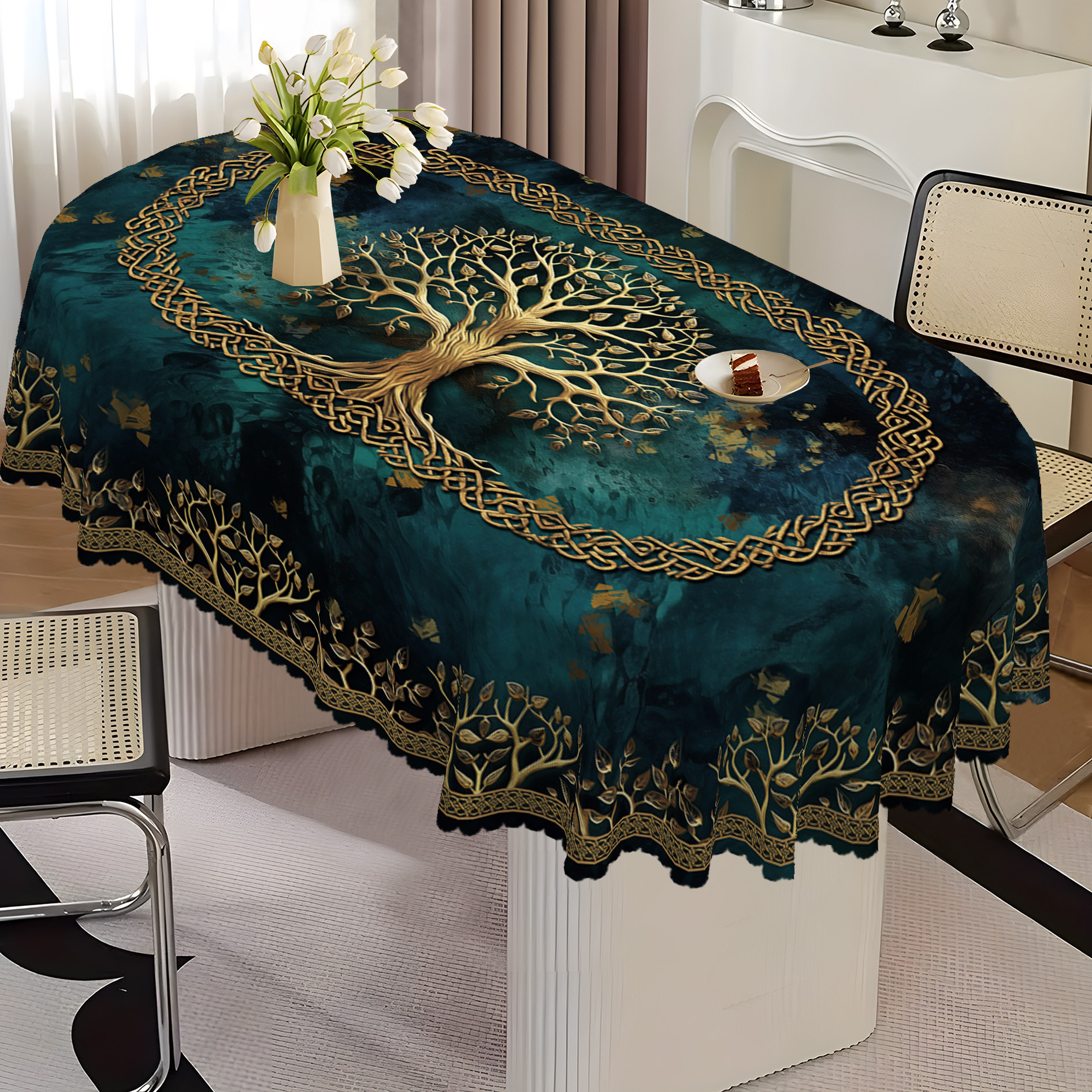 Tree Of Tablecloth, Mysterious , Perfect For Family Gatherings, Parties, , And Dining Table Decorations, Suitable For Indoor Use, Made Of Polyester, In Round, Rectangular, And Oval Sizes