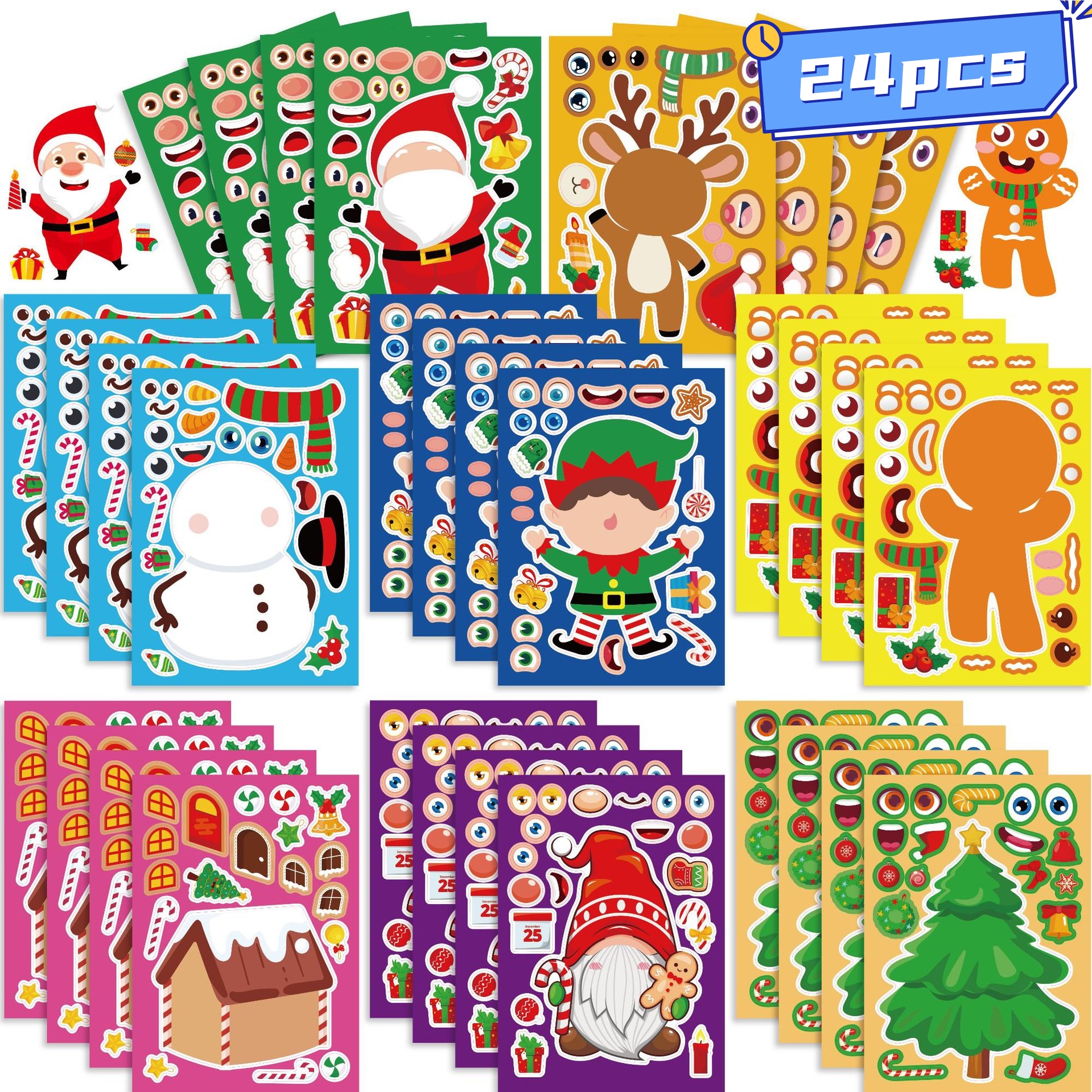 TEMU 24pcs Christmas Diy Sticker Sheets - Design Your Own Snowman, Christmas Tree & Santa Scenes, Interactive Puzzle Toy For Brain Development, Kids'
