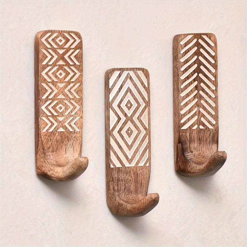 3pcs Boho Wood Wall Hooks - Rustic Decorative Coat Hooks For Bathroom & Entryway, Towel Hangers, Perfect Housewarming Gift, Utility Hooks