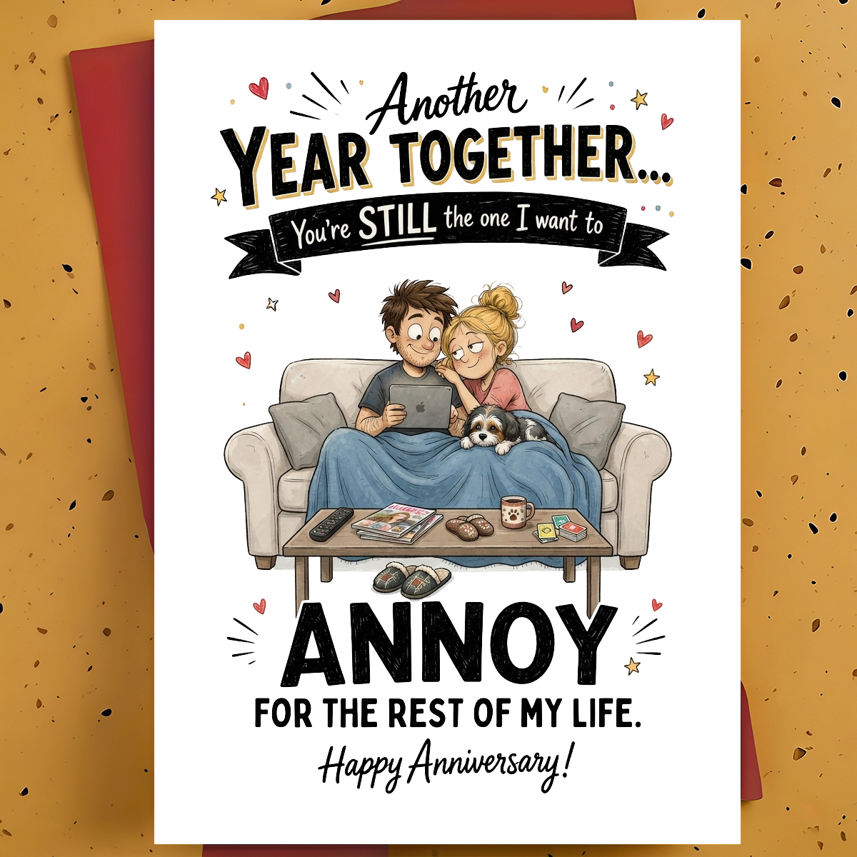 TEMU 1pc Card For Partner, Husband – Cute Couple Bedroom Hand-drawn Illustration, Happy Anniversary, Thickened, With Envelope
