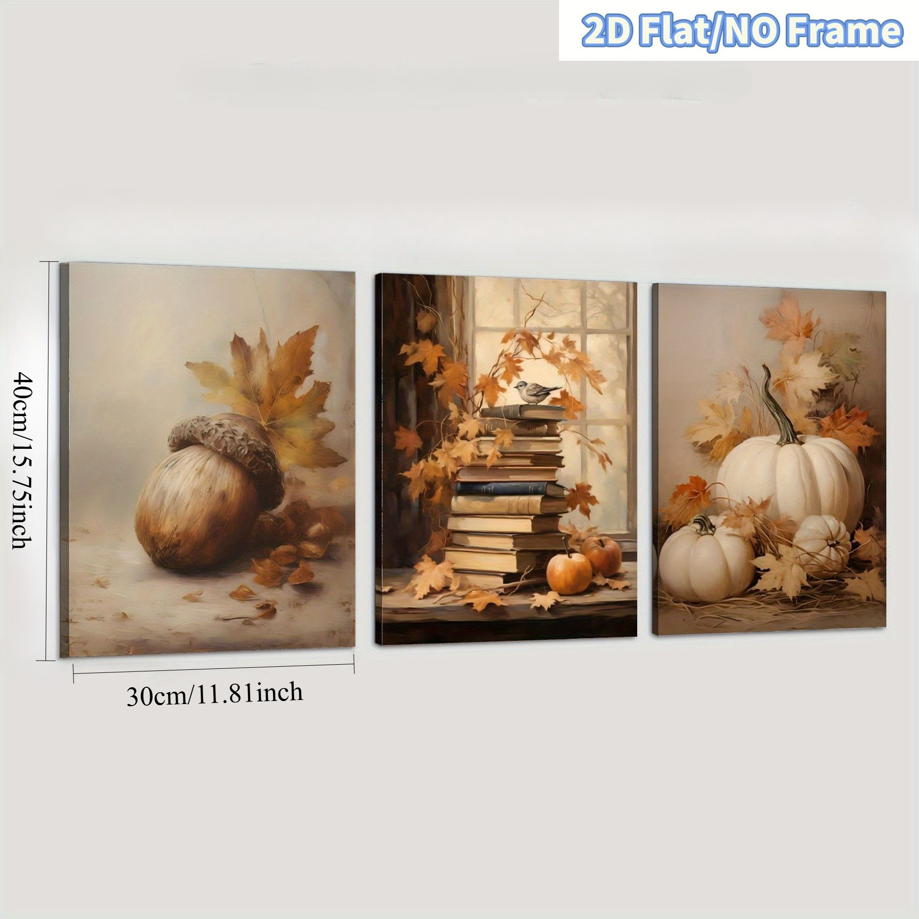 TEMU 2d Flat, 3pcs Vertical Canvas Prints - Frameless Suitable For Halloween, Autumn Decor With Books, Pumpkins, Pinecones & Fall Leaves Mural -
