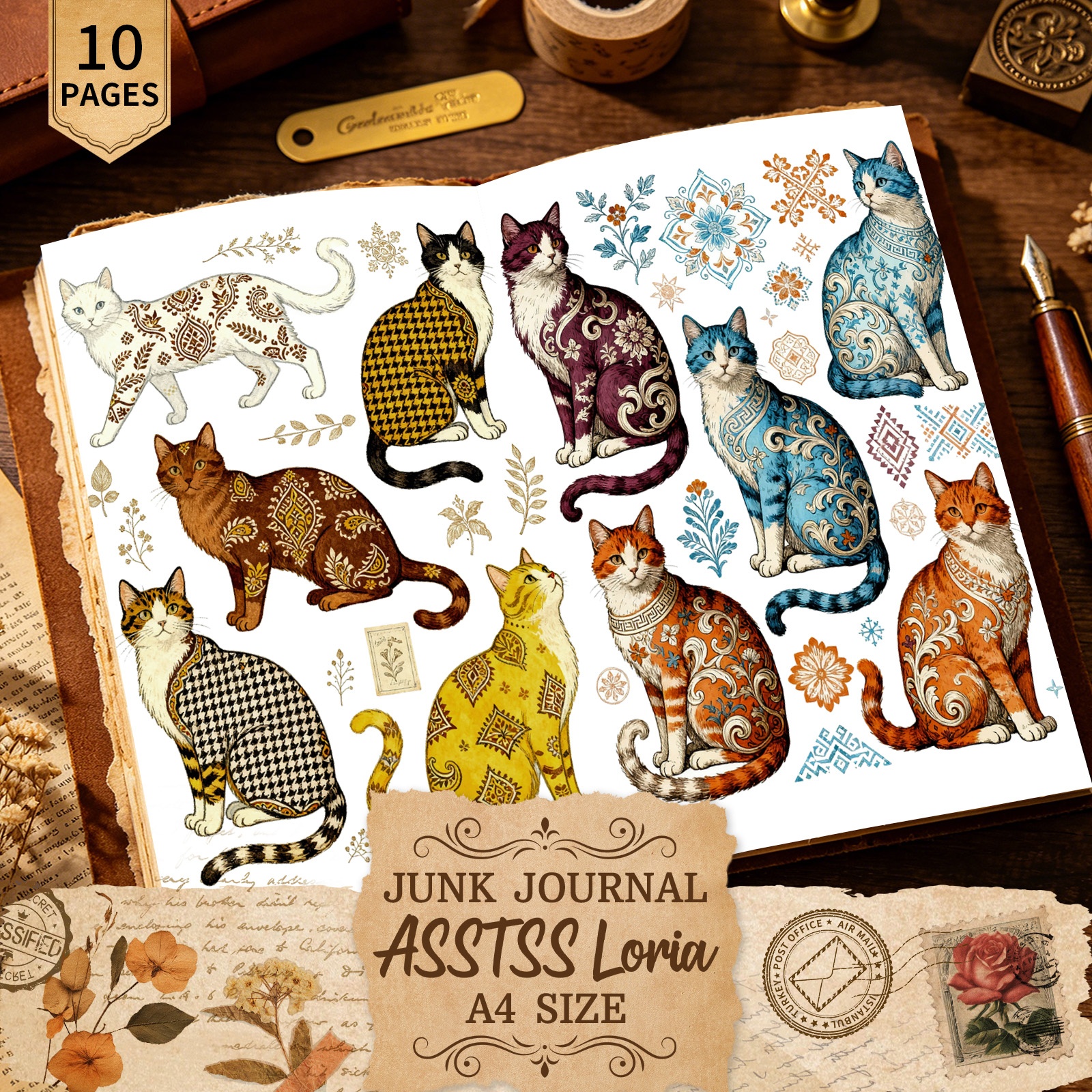 TEMU Asstssloria 10 Sheets A4 Cute Cat Decorative Paper, Handcrafted Junk Journal And Decorative Craft Paper, Craft Supplies Scrapbooking Supplies,