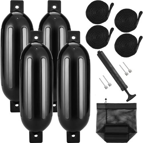 Boat Fenders, 6.5 Inch Boat Bumpers for Docking, Inflatable Ribbed Fender with Center Holes, Marine Boat Dock Fender Bumper with Air Pump, 4 Needles And 4 Ropes And Storage Bag, Black