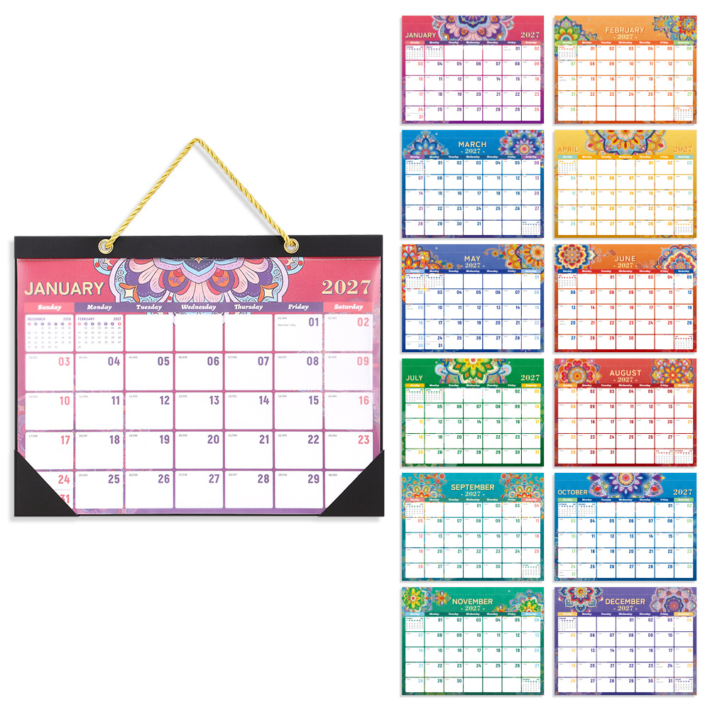 TEMU Calendrier mural 2027 Mandala floral, couverture organisateur de planning à suspendre, planificateur de dates et hebdomadaire, calendrier coloré