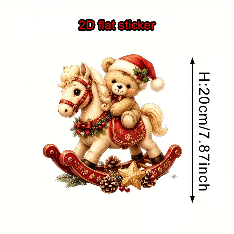 TEMU Adesivo piatto 2D 1 pz a tema natalizio, adesivo termotrasferibile, orsetto di Natale su cavallo a dondolo, materiale plastico resistente per la