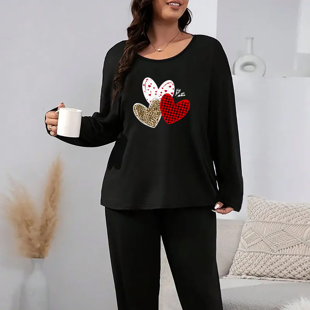 

1 Set Women's Plus Size Valentine's Day Leopard & Checkered Heart Print Long Sleeve Round Neck Warm Pajama Set, Casual Polyester Knit Fabric With Elastane, Medium Stretch, Fall Wear