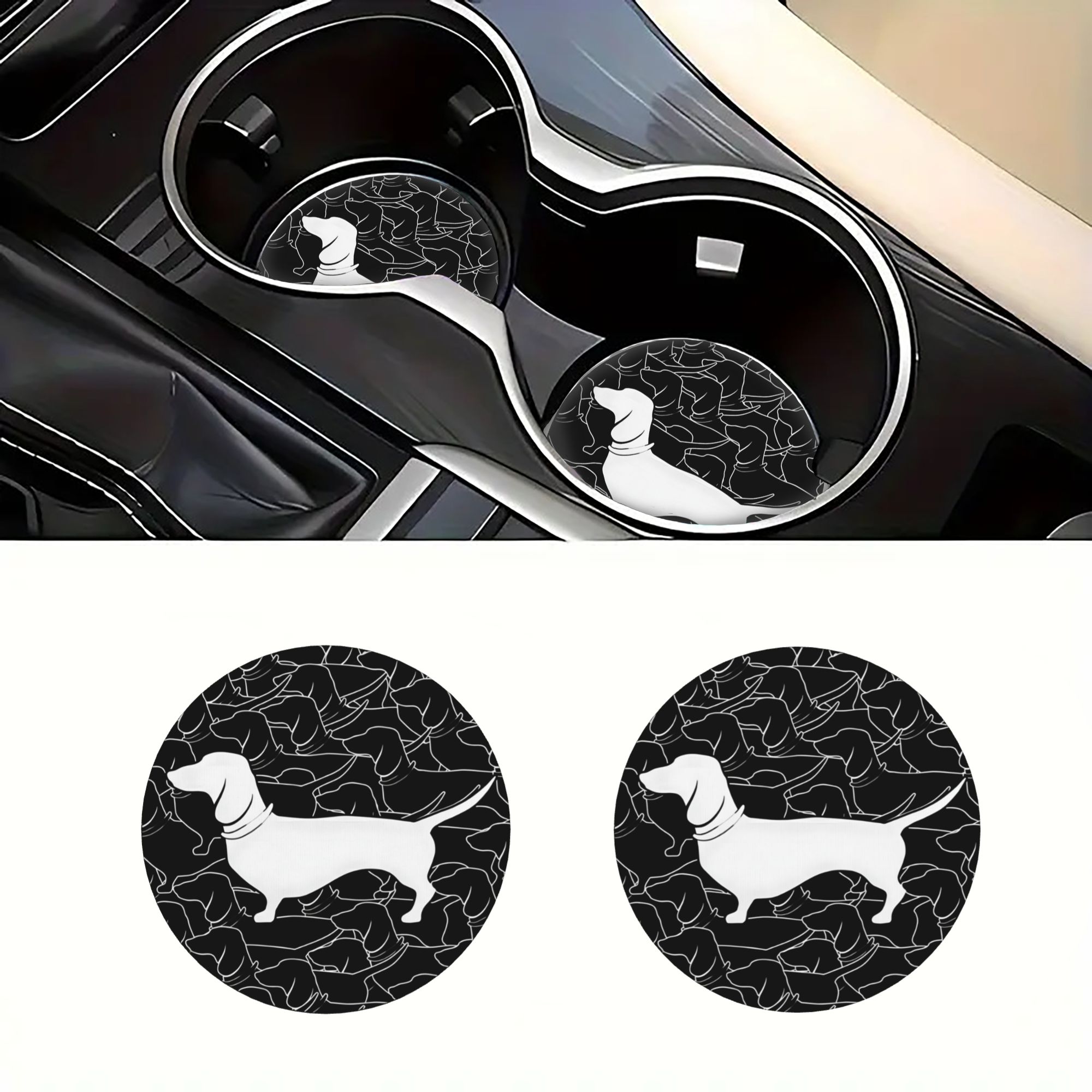 TEMU 2pcs Dachshund Silhouette Texture Minimalist Pattern Car Cup Coasters Non-slip Cup Holder Mats (unisex) Universal Vehicle Accessories Interior