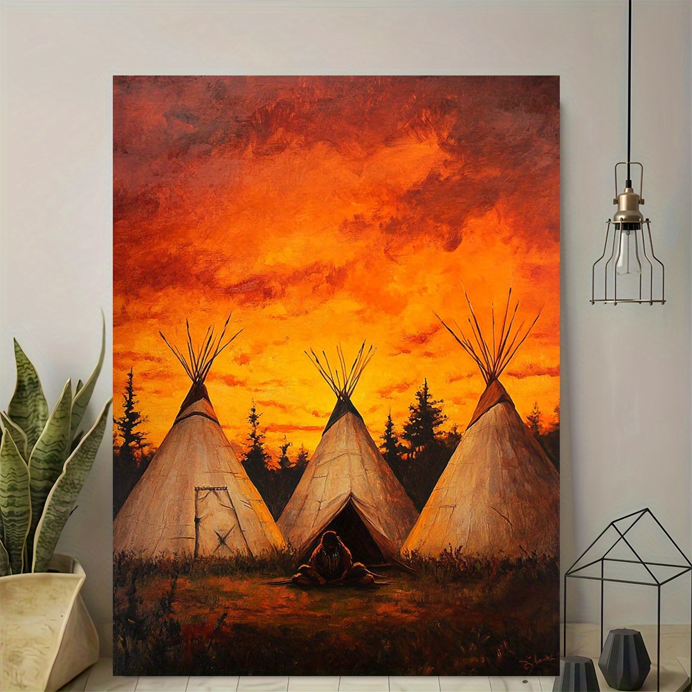TEMU 1pc Toile Murale Cadre - Peinture de Trois Tépees au Coucher , Design Moderne Vintage, Affiche Imprimée de Haute Qualité, , Décoration Murale