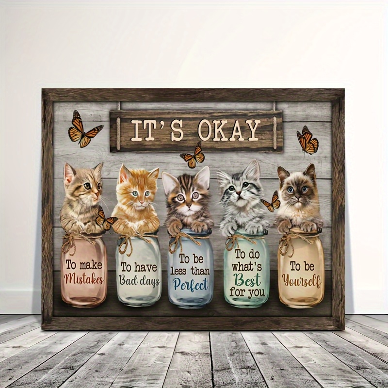 TEMU 2d Flat, 2d Flat, Wall Decoration: A Single Piece Of Whimsical Cat And Canvas Art In A Rustic Wooden Frame. Perfect As A Unique Gift, Featuring