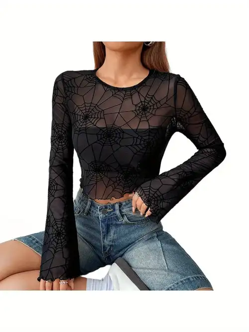 Irisjudy Women's Gothic Spider Web Top – See Through Mesh, Bell Sleeves, Mock Neck, Halloween & Party