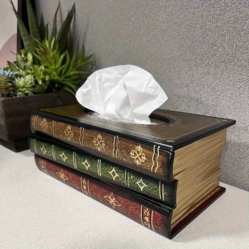   tissue box cover - antique rectangular tissue dispenser with golden-filled spine & ornate label design, durable decorative holder for bathroom, living room, office, kitchen - elegant   decor in brown/black/green/red/beige - compatible with standard tissues,   from durable material with golden-  spine & decorative endpapers, functional & stylish napkin holder for   settings Product details 4