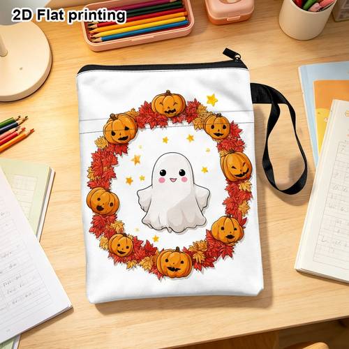 Artikelbild 2d flach 1 stück halloween geister kürbis kranz druck tagebuch und notizbuch reißverschlusstasche, tragbare aufbewahrungstasche für den täglichen weg zur arbeit, handlicher multifunktionaler organizer, schönes geschenk für