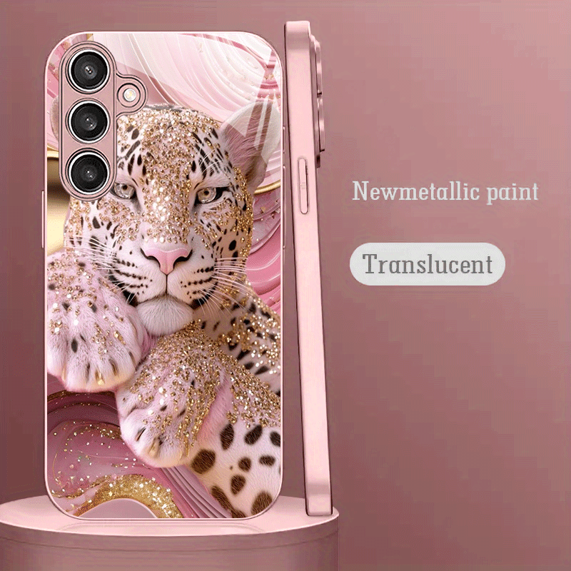 Etui za telefon - Roza leopardja vzorčasta roza kovinska barvna kaljena steklena maska za telefon, primerna za Samsung Galaxy