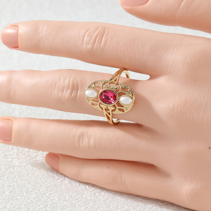 Women's Vintage Red Synthetic Zirconia Hollow Ring, Handmade