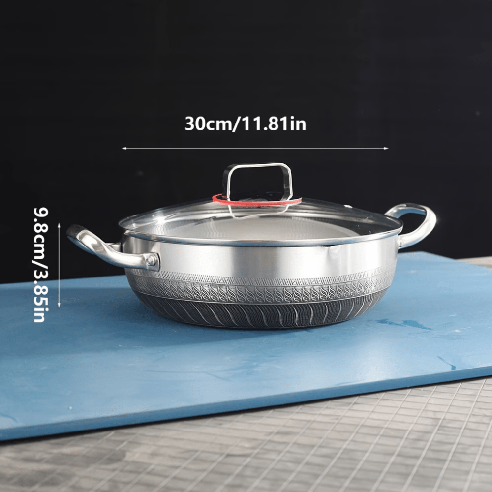 item picture 30cm stainless steel double sided honeycomb frying pan   heat distribution non stick versatile soup pot with glass lid and dual handles compatible with induction and gas stoves kitchen cookware   cooking durable easy to clean