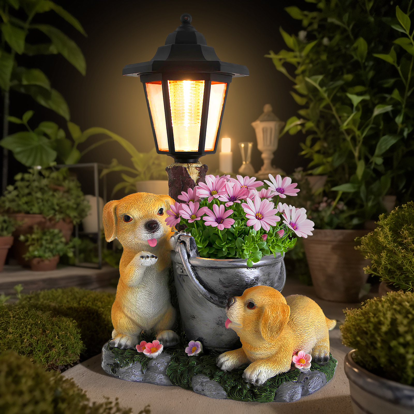 TEMU Outdoor Sculpture Figurine, 2 Puppy Decoration, Solar Garden Statue, Suitable For Yard Home Decoration, Puppy, Suitable For Women, Gift,