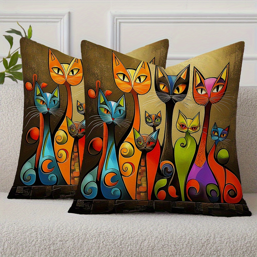 TEMU 2pcs Peach Velvet Pillowcases, Artistic Painted Cat Cushion Covers, Comfortable And Smooth Texture Polyester Peach Velvet Fabric, Single-sided