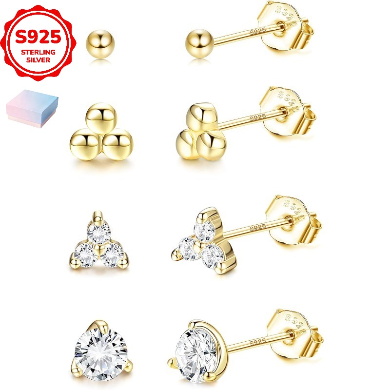 4pairs Tiny Stud Earrings 14k Golden Plated Sterling Silver Small Trio Ball/stud Cz Earring Set For Women Minimalist Tragus Cartilage Piercing 20g