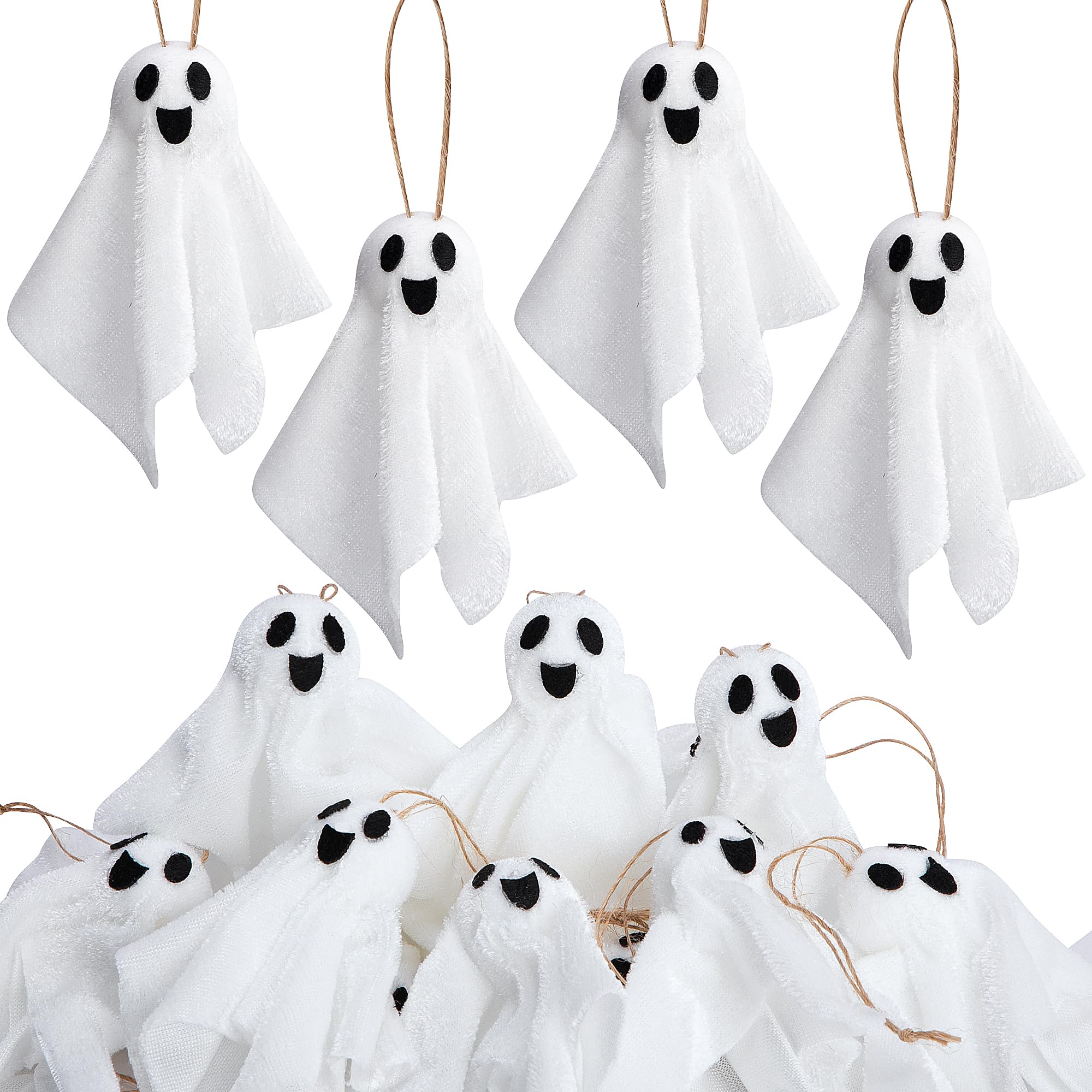 Image of Cute Mini Fabric Hanging Ornaments Set Of 16, Soft White Gauze Pendants With Twine, Spooky Halloween Hanging Decor For Tree Wreath Window Fireplace Indoor Party Ornament