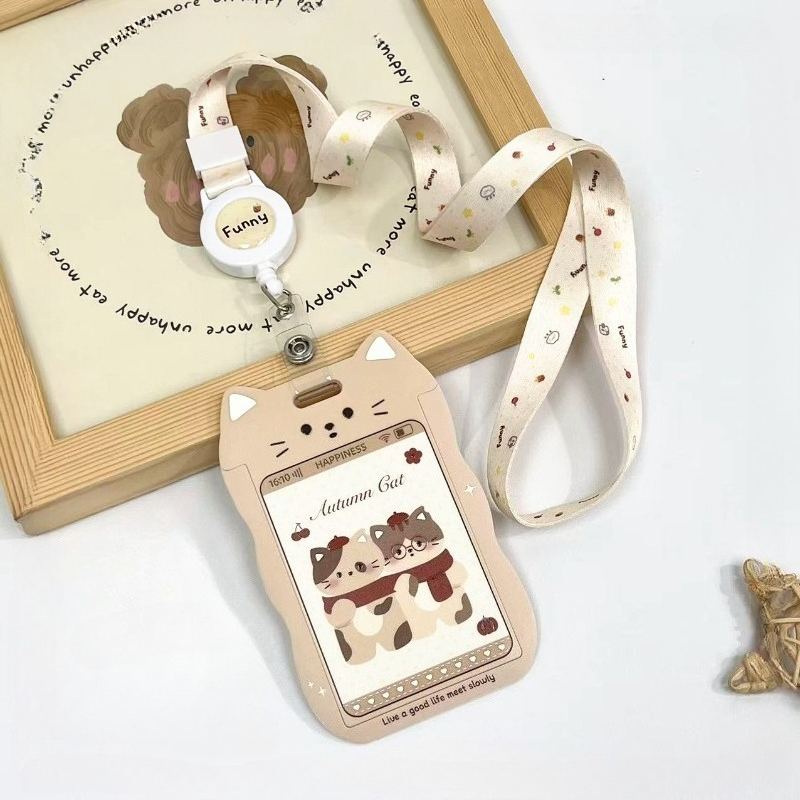 TEMU 2d Adorable Id Card Holder Featuring A Cat Ear Design, Complete With A Lanyard. This Durable Pp Document Protector Is Perfect For Students, A
