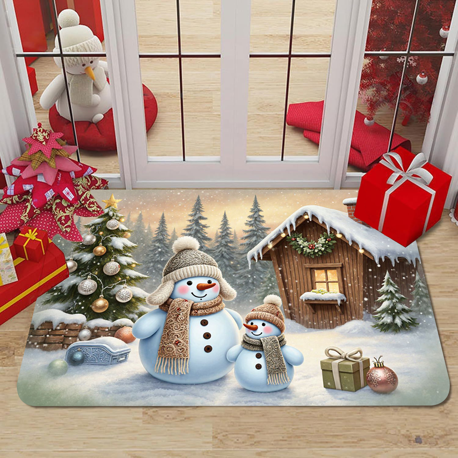 TEMU 1pc Snowman Pattern Printed Door Mat, Soft And Comfortable Flannel Floor Mat For Indoor Entryway Or Footrest. Suitable For Doors, Living Room,