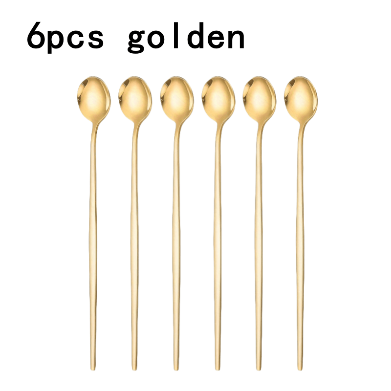 Image of 6pcs Of Golden Long Handled Ice Teaspoons And Coffee Spoons - Designed In Portugal With , Perfect For Roostertails, , And Coffee, Dishwasher Washable