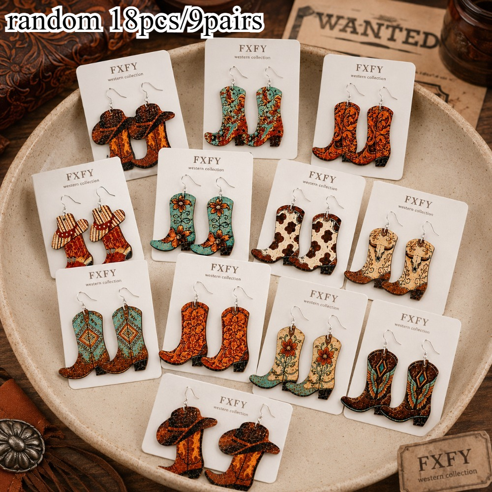 TEMU 18pcs/9 Paires, Ensemble de Boucles d'Oreilles Pendantes pour Femmes, Styles Aléatoires, Thème Cowboy Western, avec Bottes à Imprimé Léopard