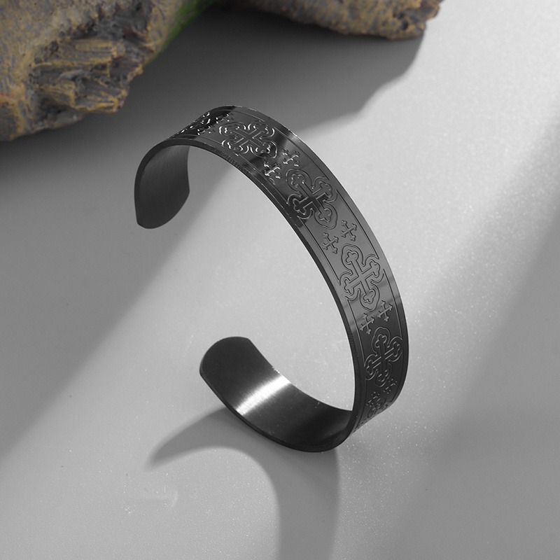 Vintage Cross Pattern Stainless Steel Open Bangle, Unisex