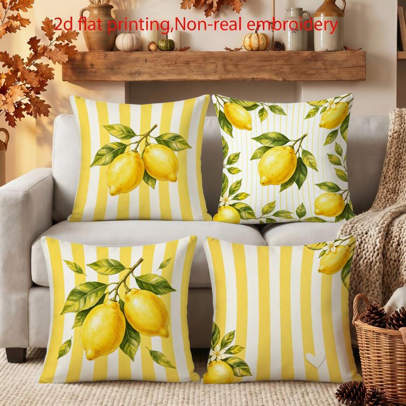 TEMU Juego de 4 fundas de cojín decorativas con temática de limón, base a rayas amarillas y blancas, estampados de limón y hojas en acuarela,