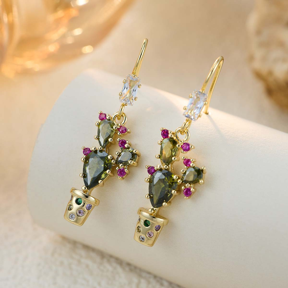 TEMU 1 Pair, , High-quality Copper Material New Earrings - Light Luxury Retro Green Plant Potted Ear Hooks! Olive Green Zirconia Pink Zirconia, Long
