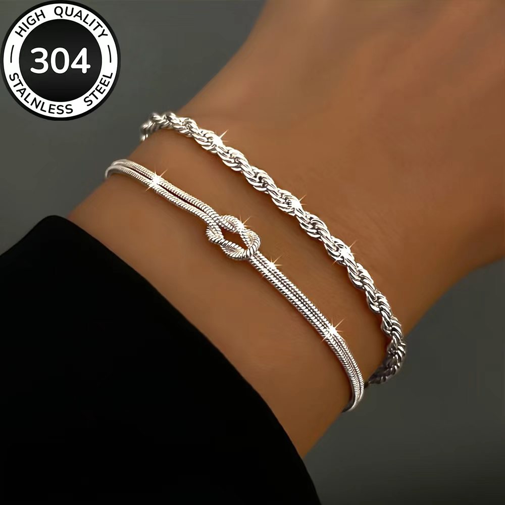 TEMU 2pcs Bracelet Set, High-quality Hypoallergenic Stainless Steel Golden Bracelets, Fade-resistant, Simple And Elegant, Fashionable Women's