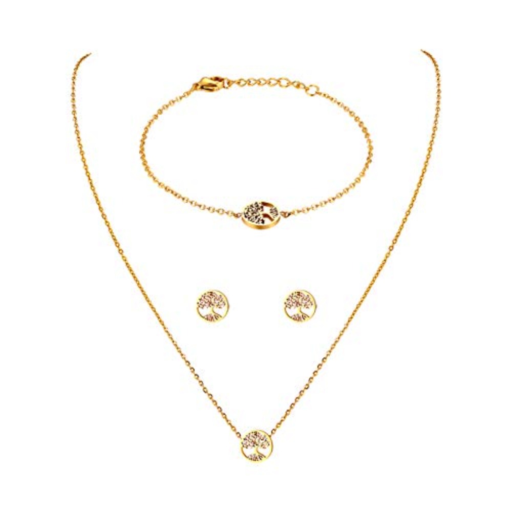 Image of Jewelrywe Women' Steel Pendant Necklace, Bracelet & Stud Earrings Set - Golden-tone Jewelry, Wedding & Everyday Matching Gift For Brides, Bridesmaids