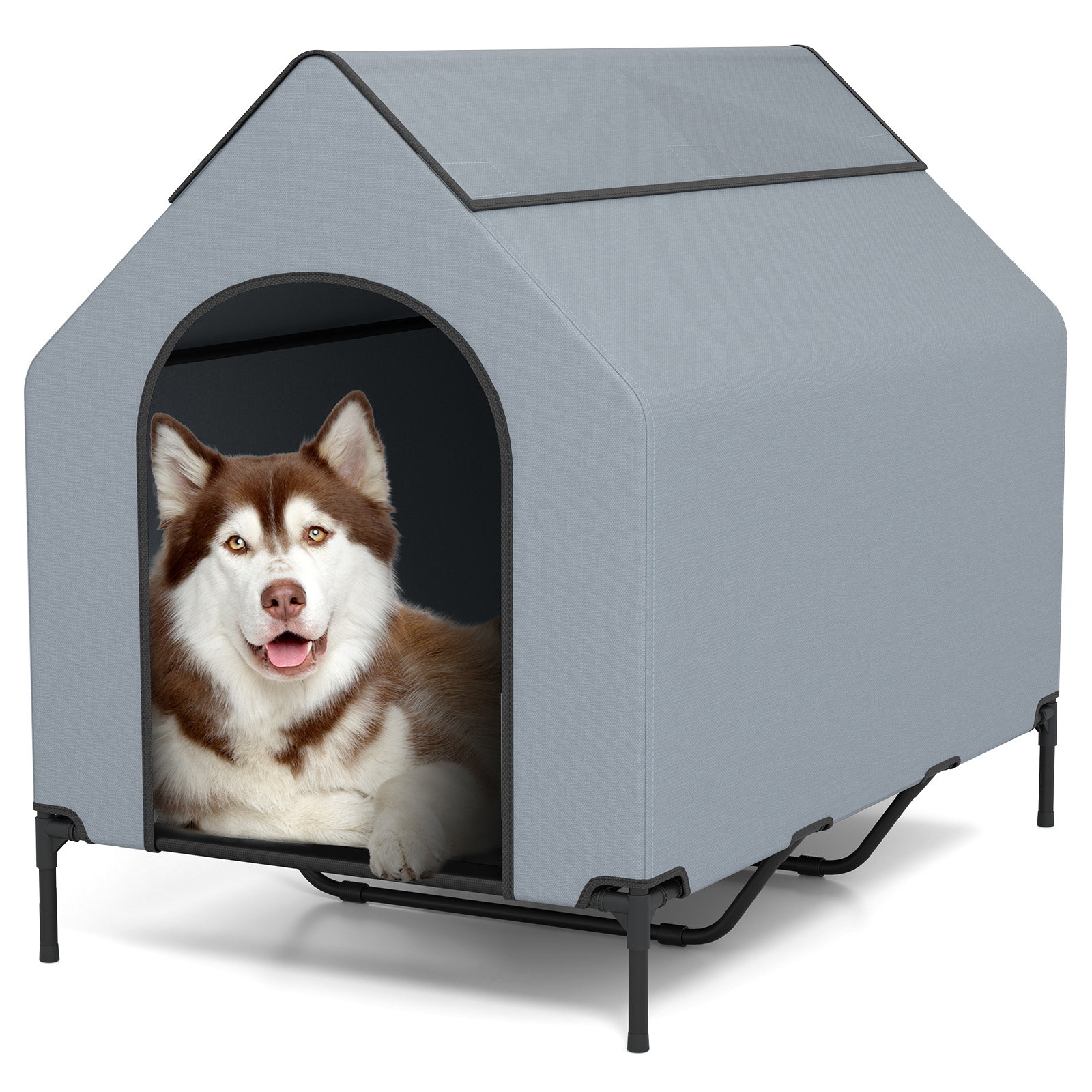 Image of 130x114x85cm Elevated Dog House, Dual-function Raised Shelter For Large Dogs, Outdoor And Indoor Pet Cot With Ventilated Windows And Breathable Mesh Mat
