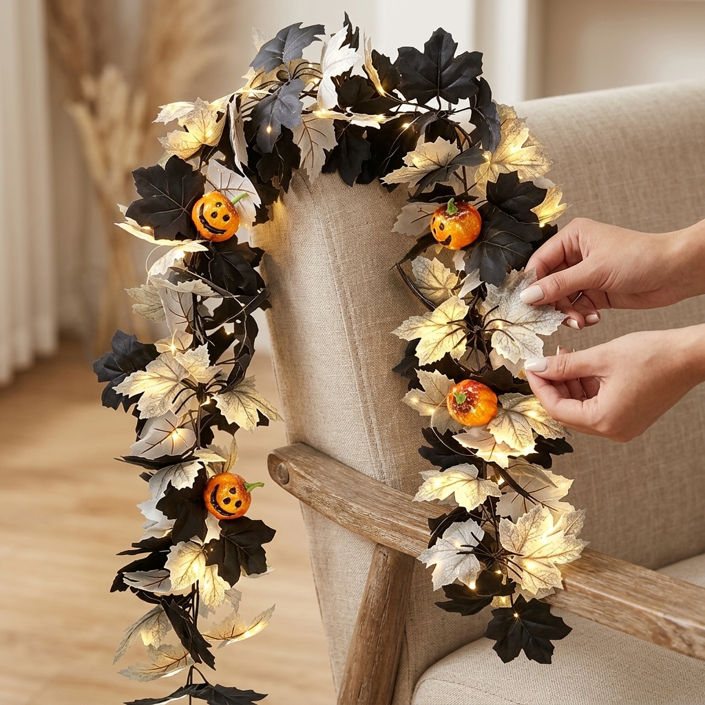 TEMU 1 Set Halloween Black And Leaf Pumpkin Vine Decorative String Lights, Indoor String Lights, 175cm Artificial Vine With 5m 50led Warm Lights,