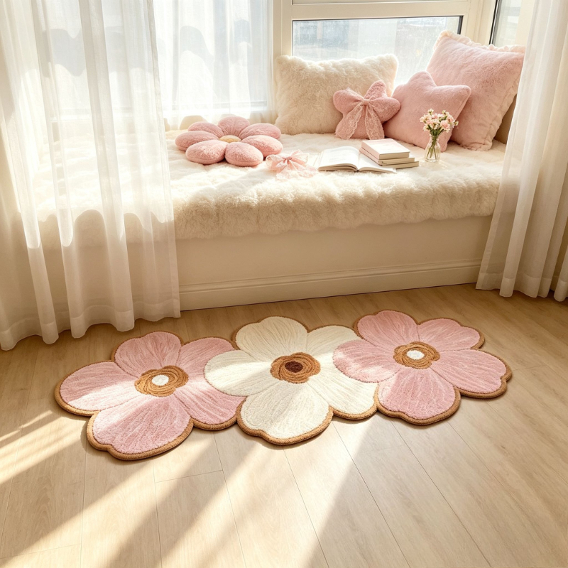 TEMU 1 tapis de chevet décoratif floral vintage pour chambre à coucher, style Ins, tapis en peluche pour baie vitrée, tapis long de salon de , tapis