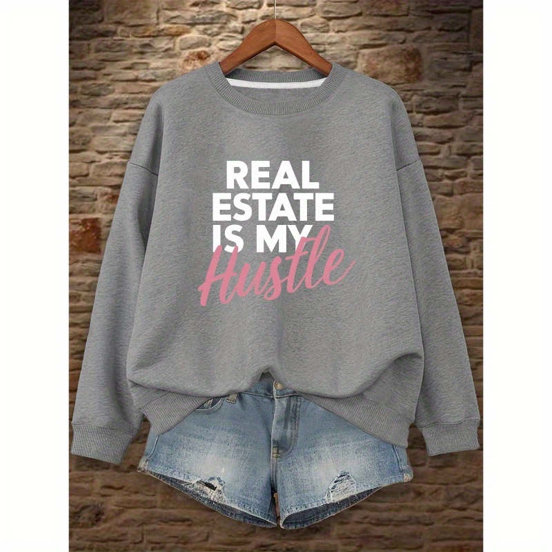 

1pc Women's Casual Polyester Crew Neck Sweatshirt With "real Estate Is My " - Geometric Pattern Knit Fabric For Fall & Winter