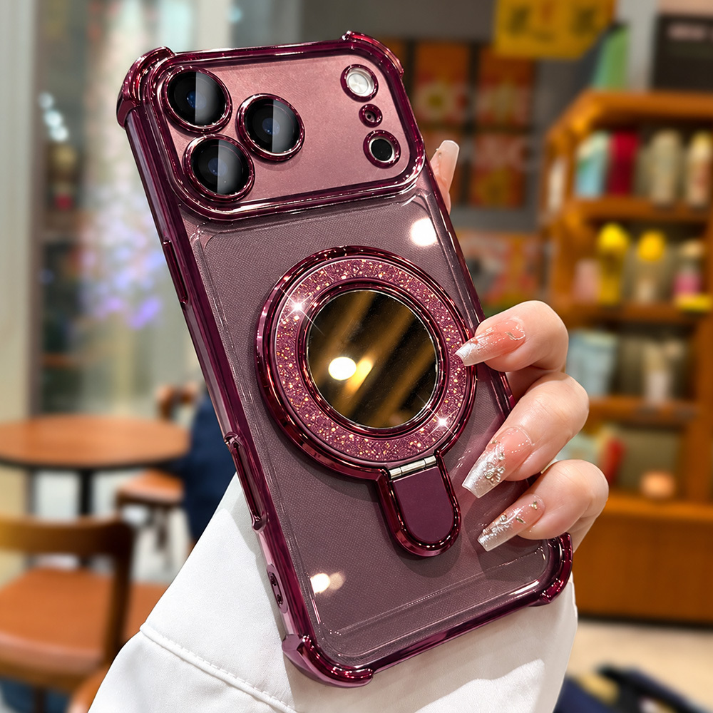 TEMU Phone Case: Luxury Burgundy Mirror Phone Case With Large Stand, Suitable For Iphone 18/17/16/15/14/13/12/11 Pro Air 16e/17e Models, Includes